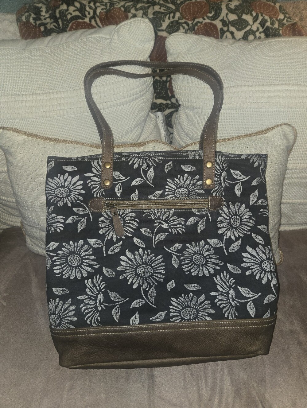 Myra Bag Black Canvas Tote with White Floral Print and Brown Trim